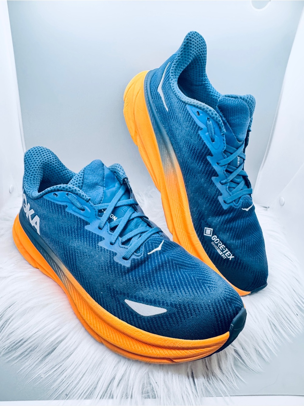 HOKA Clifton 9 GTX Men’s 11 GORE-TEX Stormy Skies Orange Zest running shoe soft